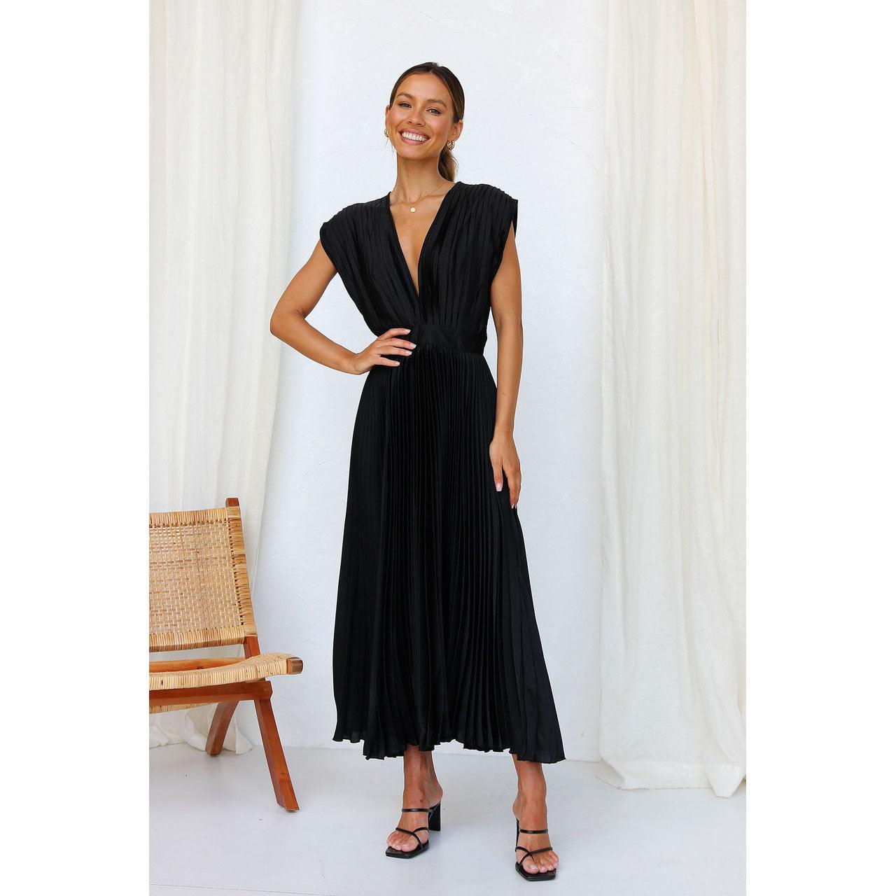 Women's V-Neck Pleated Midi Dress – Sleeveless Zip Casual Summer Dress