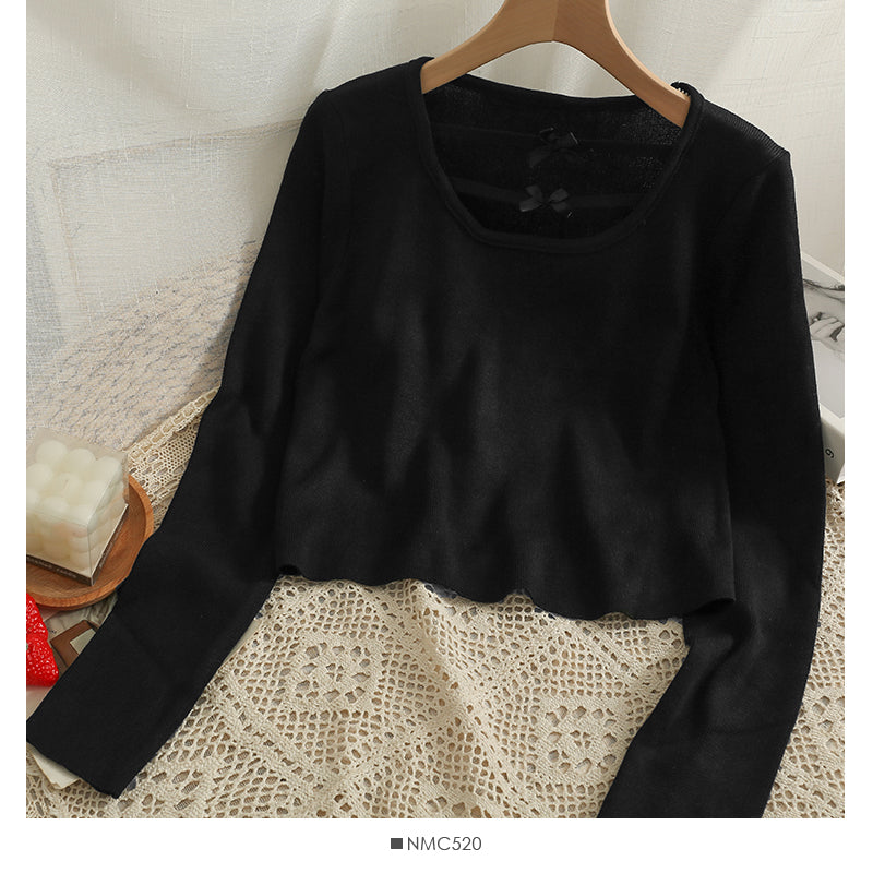 Women's Bow Knit Sweater – Long Sleeve Low Neck Knitwear