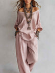 Off-shouder Suits Fashion Three-quarter Sleeves Top And Loose Pockets Wide-Leg Pants Set Women's Clothing