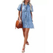 European And American Washed Denim Lapel Ruffled Denim Dress Jeans Flared dress Casual Denim mini dress