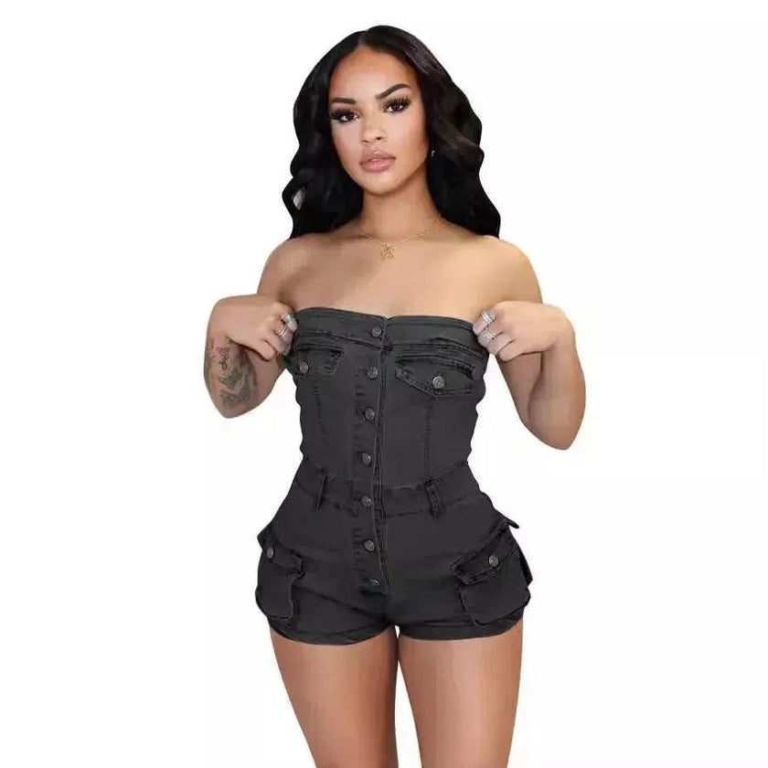Women Denim Tube Romper Jumpsuit Strapless Bodycon Denim Short Jumpsuit