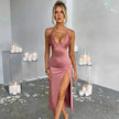 Spaghetti Strap Dress With Split Design Deep V-neck Sleeveless Backless Bodycon Satin  Evening Party Wedding Cocktail Dresses For Womens Clothing