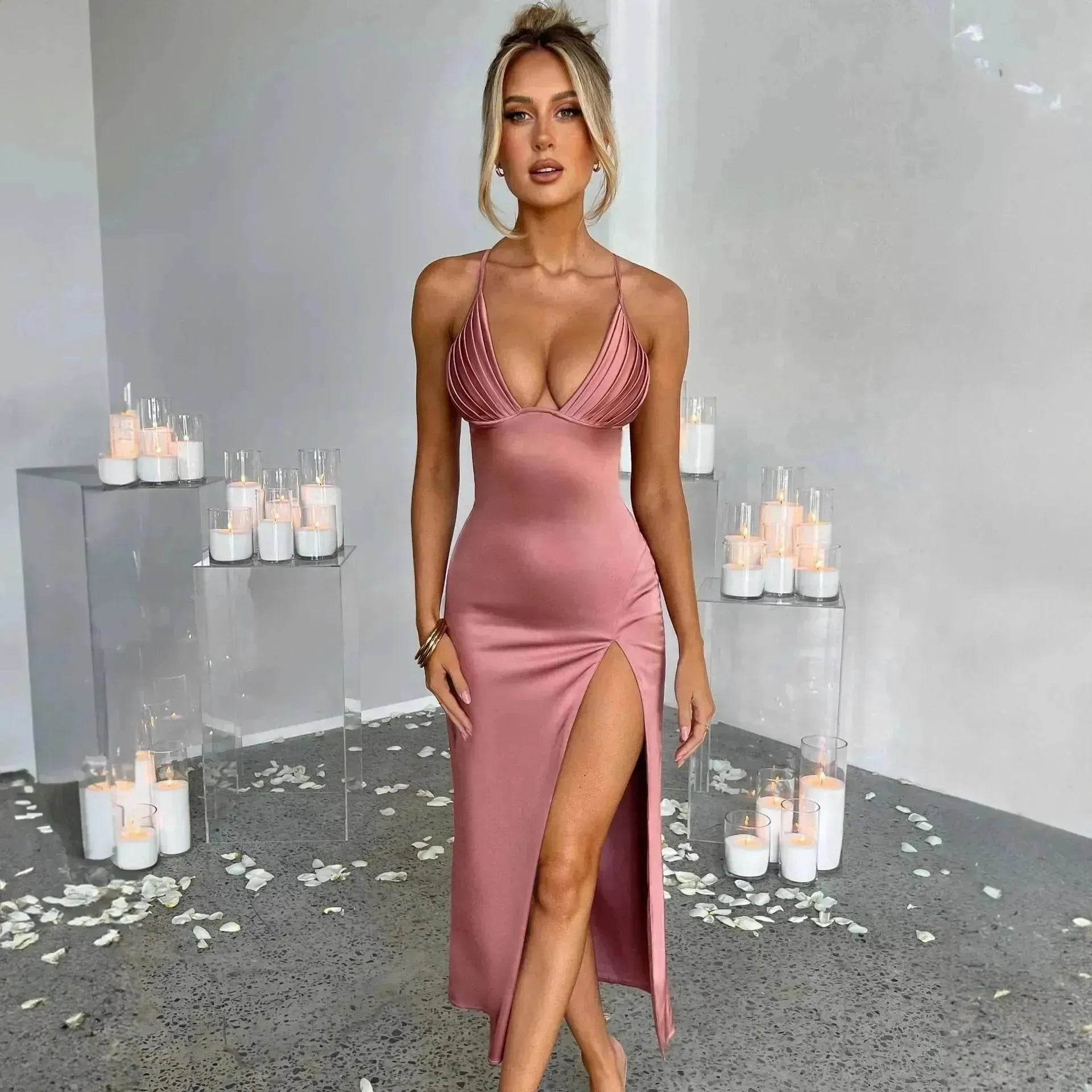 Spaghetti Strap Dress With Split Design Deep V-neck Sleeveless Backless Bodycon Satin  Evening Party Wedding Cocktail Dresses For Womens Clothing