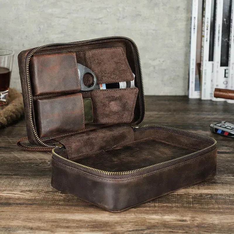 Portable Horse Leather Double Zipper Storage Cigar Travel Humidor Bag
