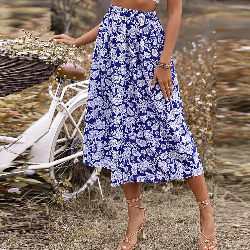 New Spring And Summer High Waist  floral Midi Skirt