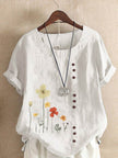 Women's Casual Printed Cotton Linen Short Sleeve Blouse Top
