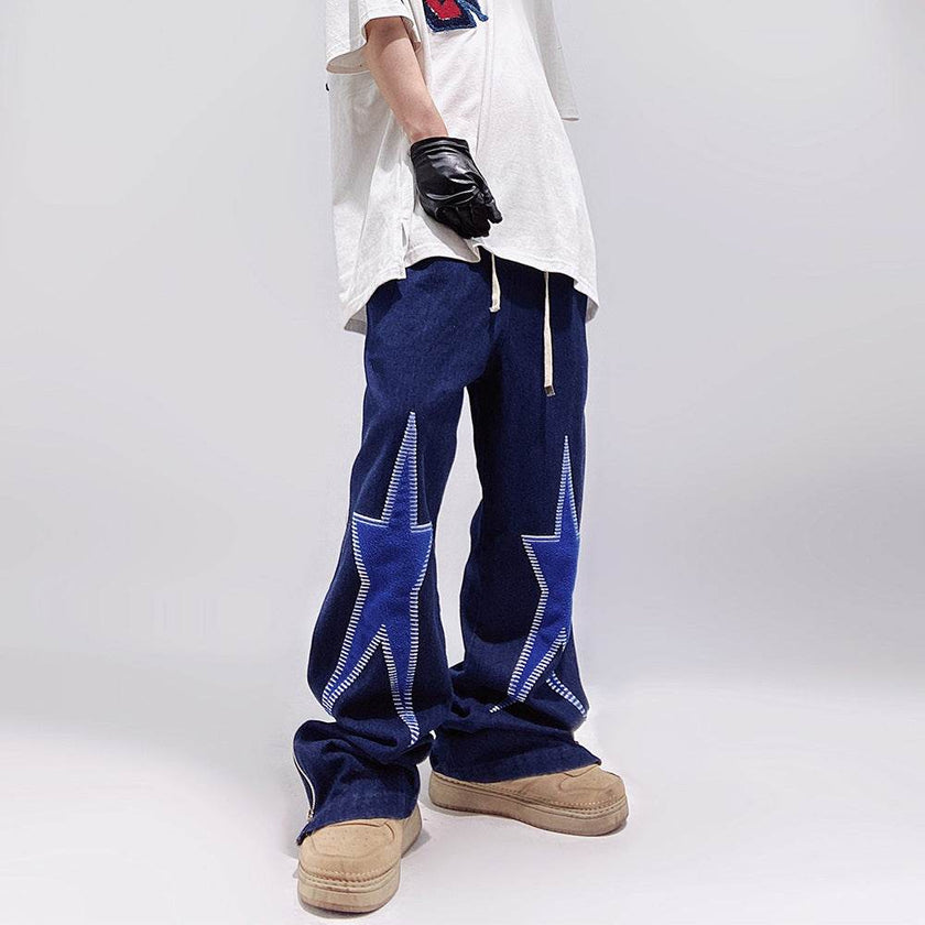 Five-pointed Star Embroidery Denim Horn Loose Straight Casual All-match Mop Jeans Baggy Trousers Men