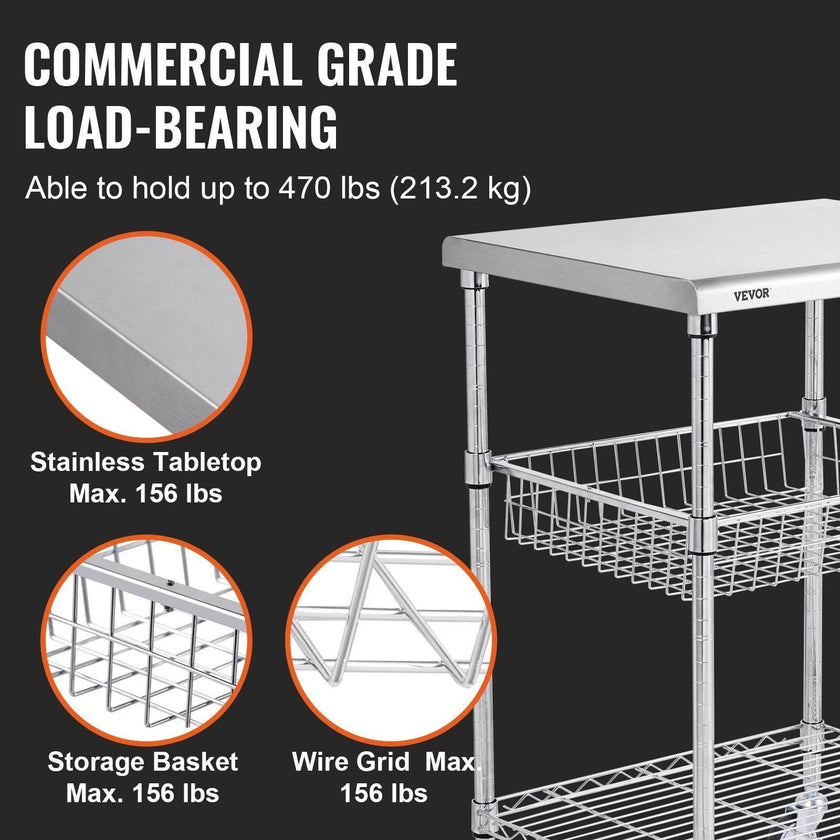 VEVOR 3-Tier Workbench Utility Cart for Kitchen Office