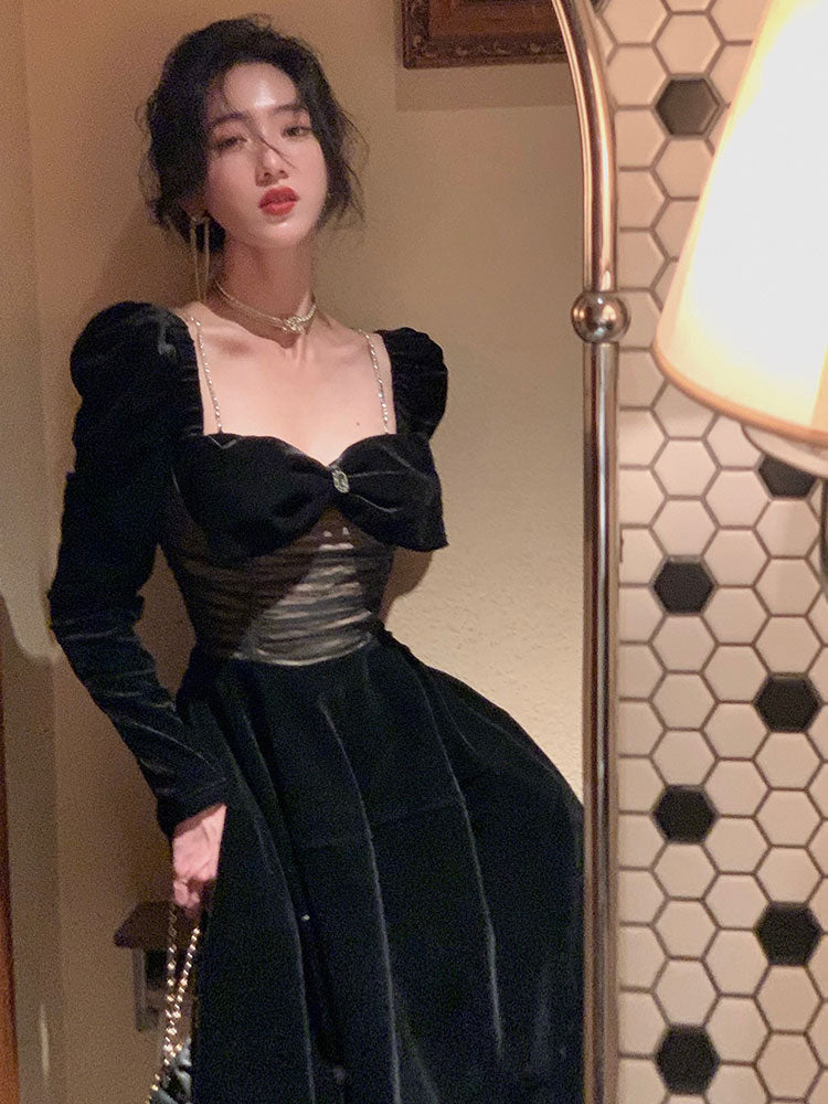 Women's Square-Neck Velvet Long Sleeve Mini Dress – High Waist Swing Skirt