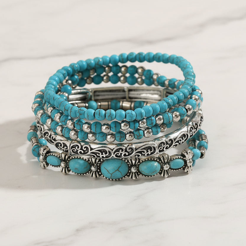 Turquoise Beaded Bow Bracelet Set for Women – 5-Piece Vintage Boho Stack