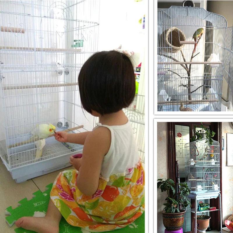 Wire Bird Parrot Cage with Wooden Perches – Black & White | 46×36×93cm