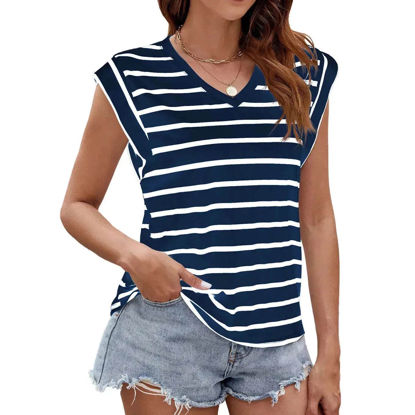 Fashion Stripe Print V-neck Short-sleeved T-Shirt Summer Loose Casual top for Women