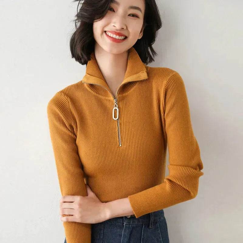 Women Autumn Winter Slim Fit High neck Half zip Knitted sweater Top