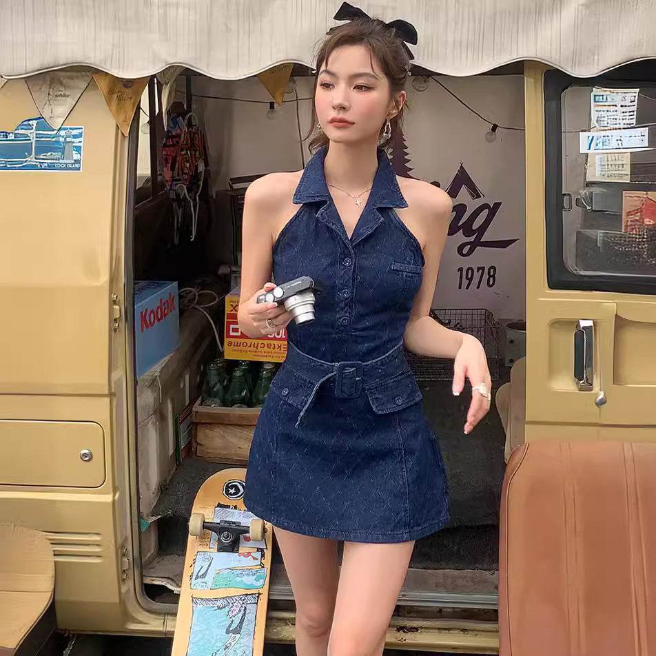Mini Sleeveless Sheath Denim jeans halter neck Dress