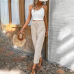 Women's Summer 2-Piece Outfit Sleeveless Lace Vest Top And Casual Elastic Waist Pants