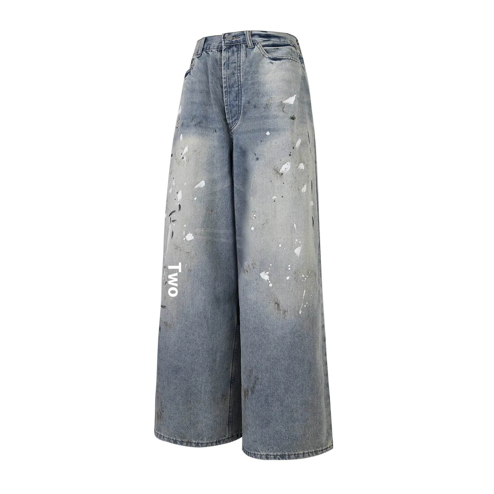 Washed Distressed Casual Loose Wide-leg Baggy Jeans Pant Splash-ink Design Slimming Unisex Style Mop Pants Men And Women