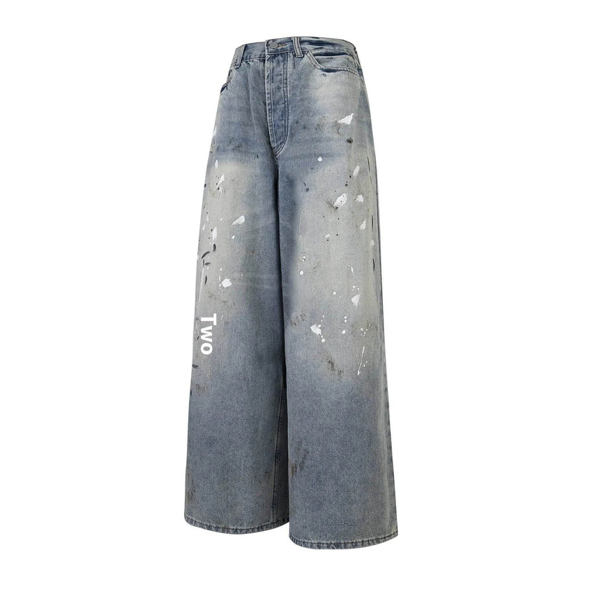 Washed Distressed Casual Loose Wide-leg Baggy Jeans Pant Splash-ink Design Slimming Unisex Style Mop Pants Men And Women