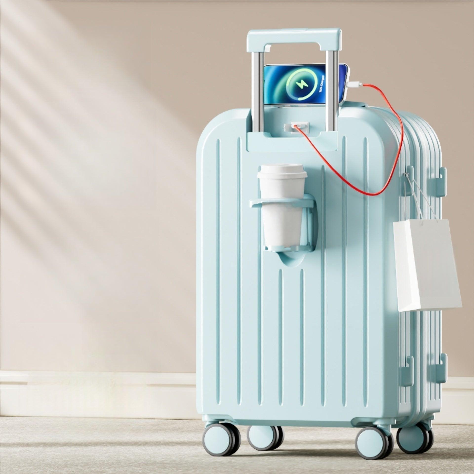 Multifunctional Smart Carry-On Suitcase with USB Port, Cup Holder & Spinner Wheels