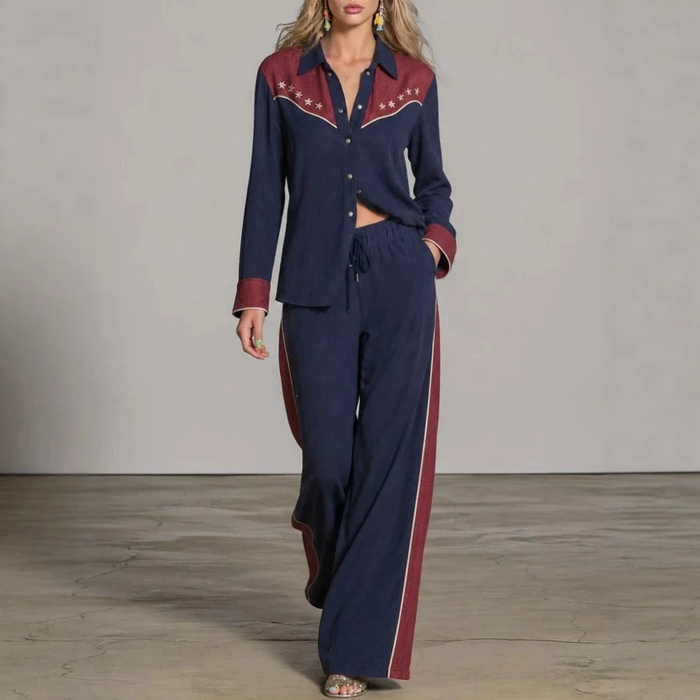 Women's Western Colorblock Lapel Shirt & Wide-Leg Pants Two-Piece Set – Navy Blue | Canada & USA