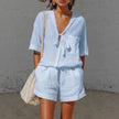 Women's Linen Tie-Front Shirt & Shorts Set – Casual Summer 2-Piece Outfit