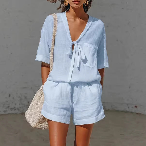Women's Linen Tie-Front Shirt & Shorts Set – Casual Summer 2-Piece Outfit