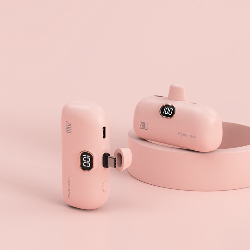Mini Capsule Power Bank 5000mAh – Black, Pink, Green & White | Android, USB-C & Apple Cable