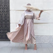 Women’s 3 Piece Abaya Set – Modest Satin Maxi Dress with Belt & Open Kimono Cardigan