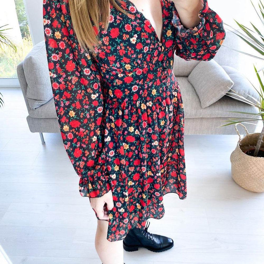 Spring Summer V-neck Long sleeve Floral Mini dress