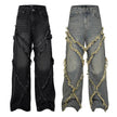 Wash Distressed Stitching Baggy Jeans Pant With Whiskers Same Style For Men And Women