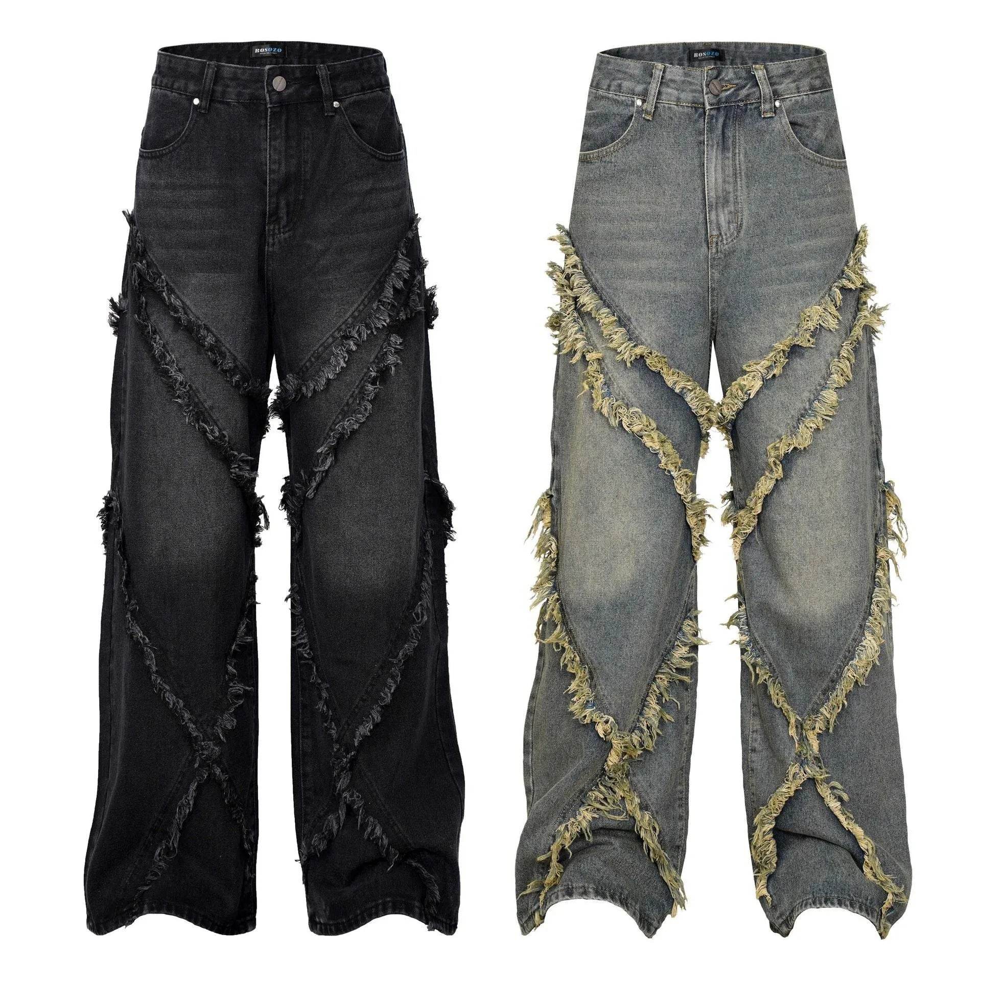 Wash Distressed Stitching Baggy Jeans Pant With Whiskers Same Style For Men And Women
