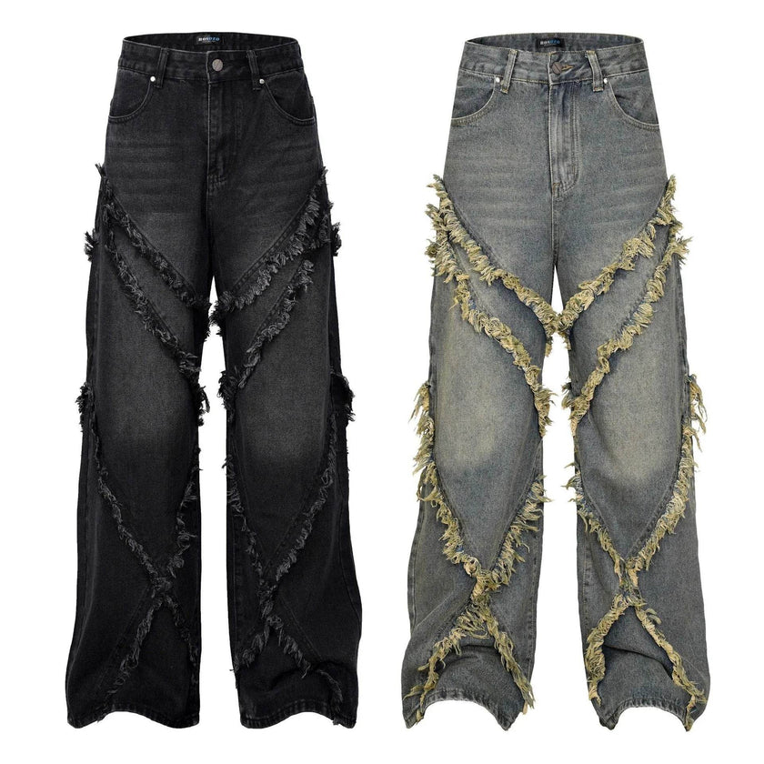 Wash Distressed Stitching Baggy Jeans Pant With Whiskers Same Style For Men And Women