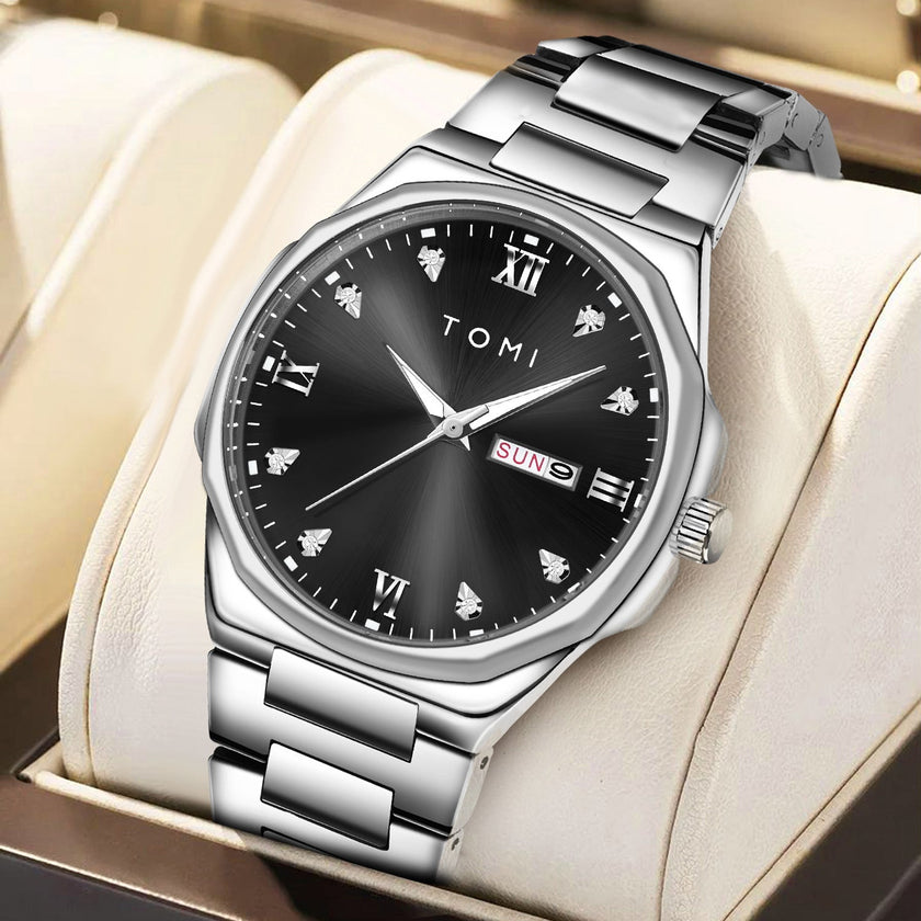 TOMI Diamond Encrusted Quartz Watch for Men – Stainless Steel Dress Watch