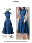 New Modified Version Denim Jeans Flared Midi Dress Female Machine Embroidery Retro