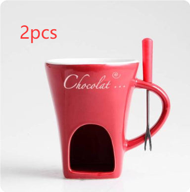 Mini Fondue Mug Set – Personal Ceramic Chocolate & Cheese Melting Pot with Fork (Beige, Coffee & Red)
