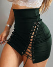 Women's High Waist Side Lace-up Tight Leather Mini Skirt