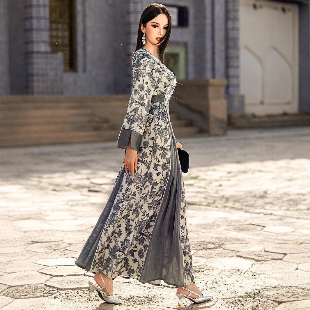 V-neck Satin Printed Muslim Dress