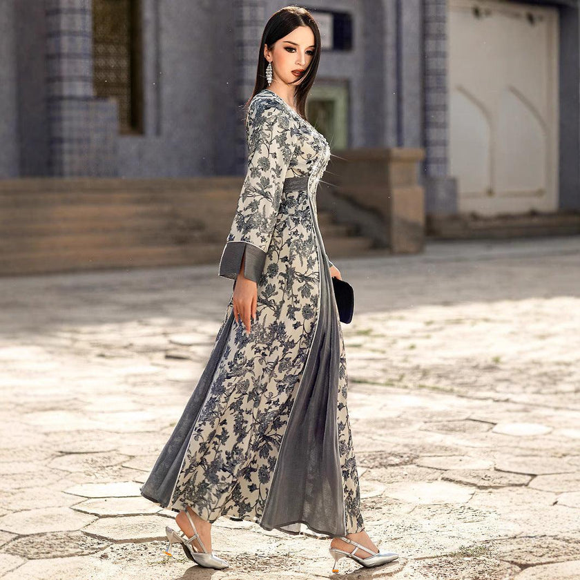 V-neck Satin Printed Muslim Dress