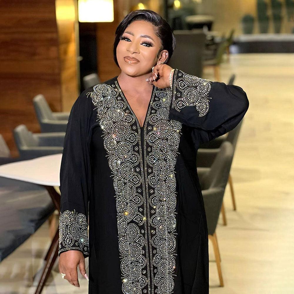 Dress Middle East Muslim Style Robe Fashion V-neck Hot Drilling