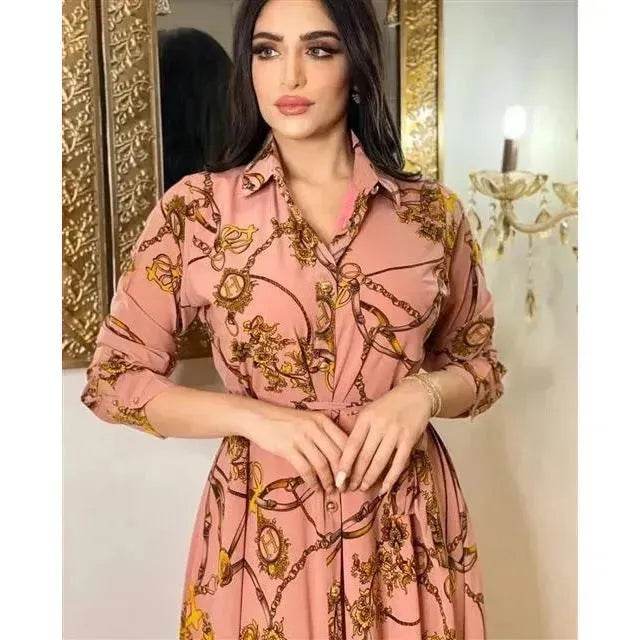 Dubai Long Dress Middle East Autumn Chain Print Swing Dress Turkish  Floral Long Sleeve dress