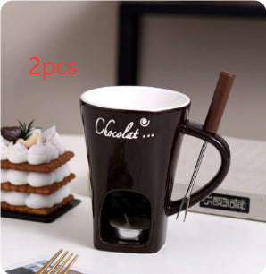 Mini Fondue Mug Set – Personal Ceramic Chocolate & Cheese Melting Pot with Fork (Beige, Coffee & Red)