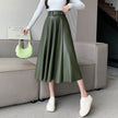 Elegant women High waist Flared Midi PU Leather skirt
