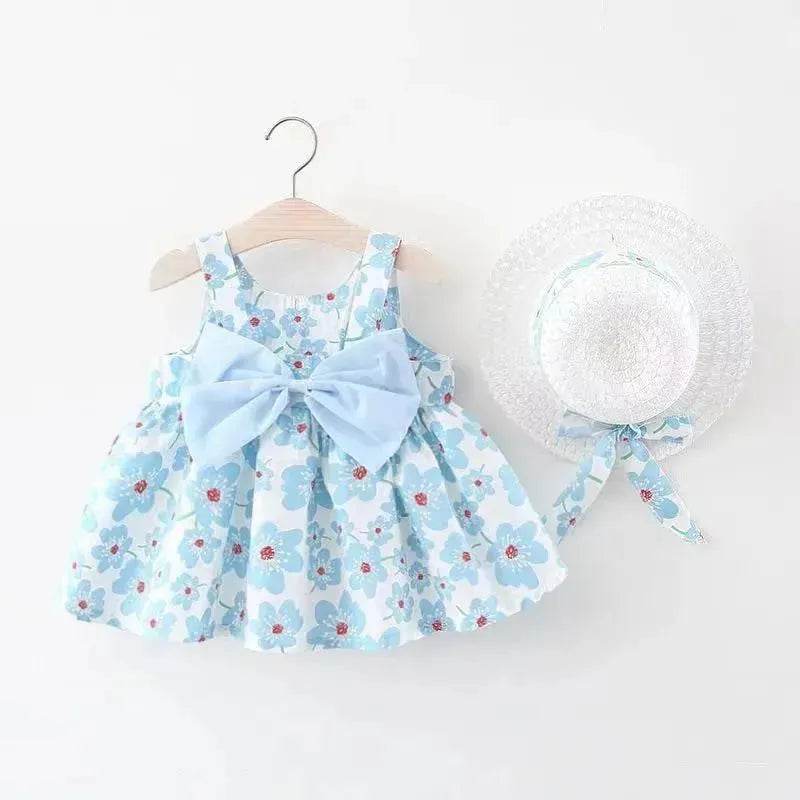 Baby Girl Floral Princess Dress with Matching Hat – Cotton Suspender Sundress for Toddlers