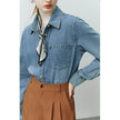 Blue Soft Denim Shirt Jacket Women's Long Sleeve Bandage Denim Dress Top