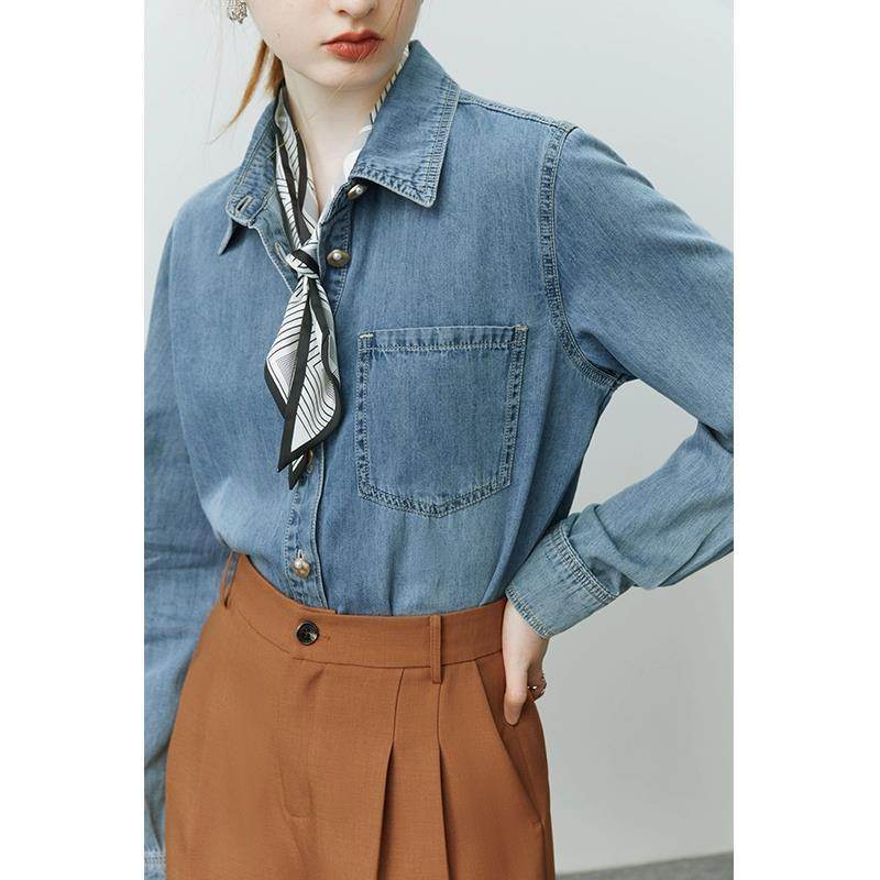 Blue Soft Denim Shirt Jacket Women's Long Sleeve Bandage Denim Dress Top