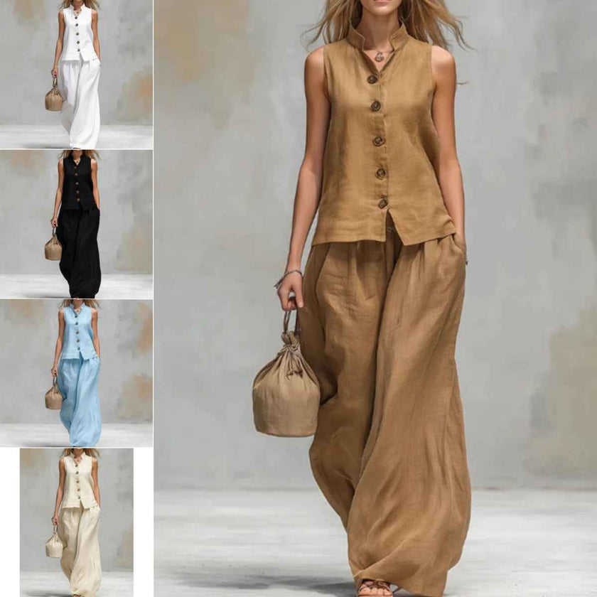 Casual Two-Piece Stand Collar Sleeveless Vest And Matching Pants Set - Summer Women Vest & Pan Two Piece Outfit