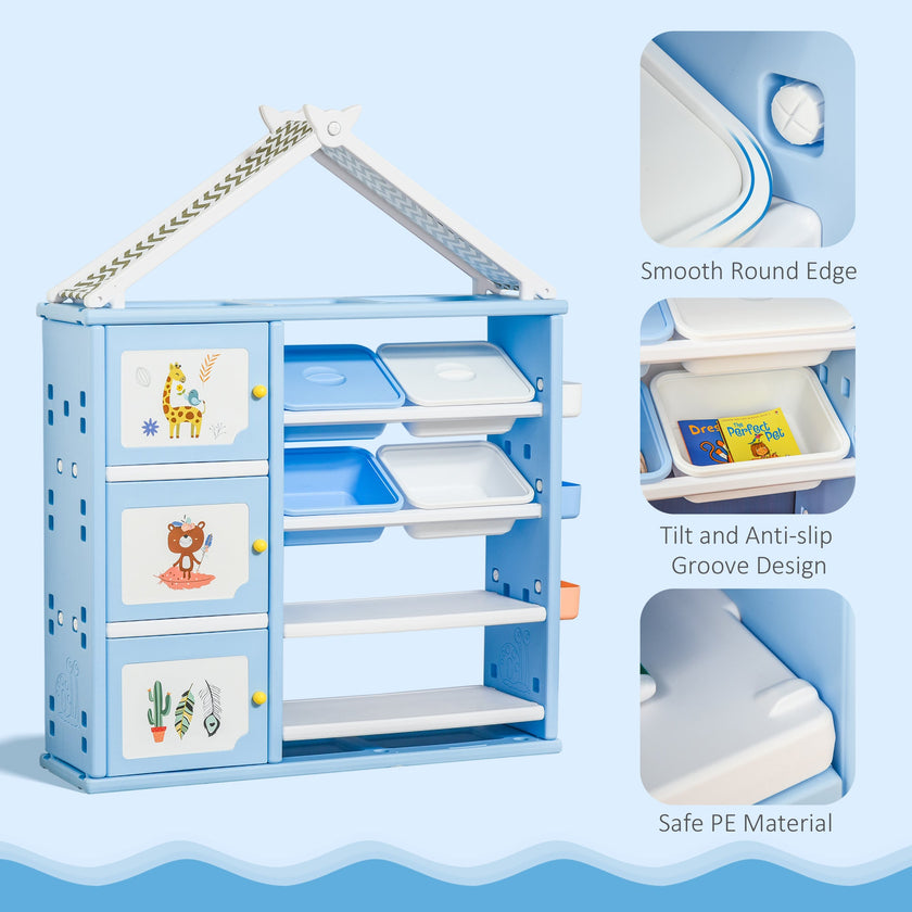 Qaba Kids Toy Storage Organiser, 3 Cabinets, 4 Bins, Bookshelf, ASTM Certified, Ages 3-8, Blue