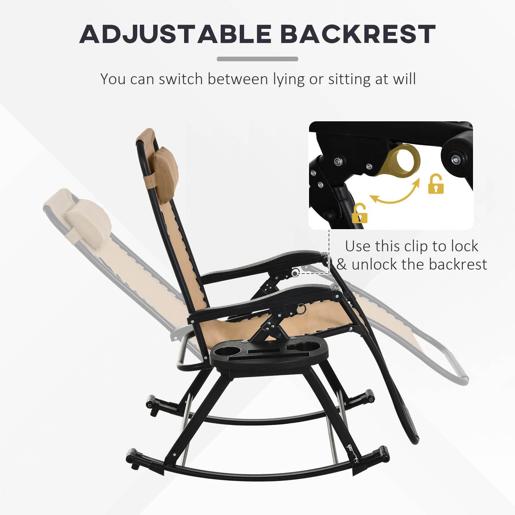 Ergonomic Recline  Beige Zero Gravity Rocker With Headrest, Tray  Phone Holder
