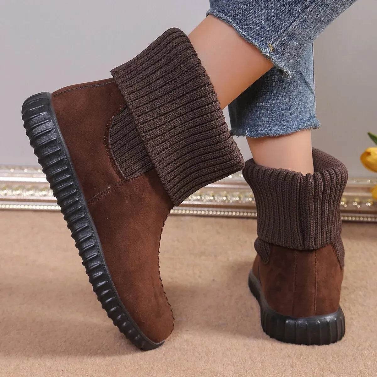 Women's Reversible Knit Flat Ankle Snow Boots | Suede Winter Boots
