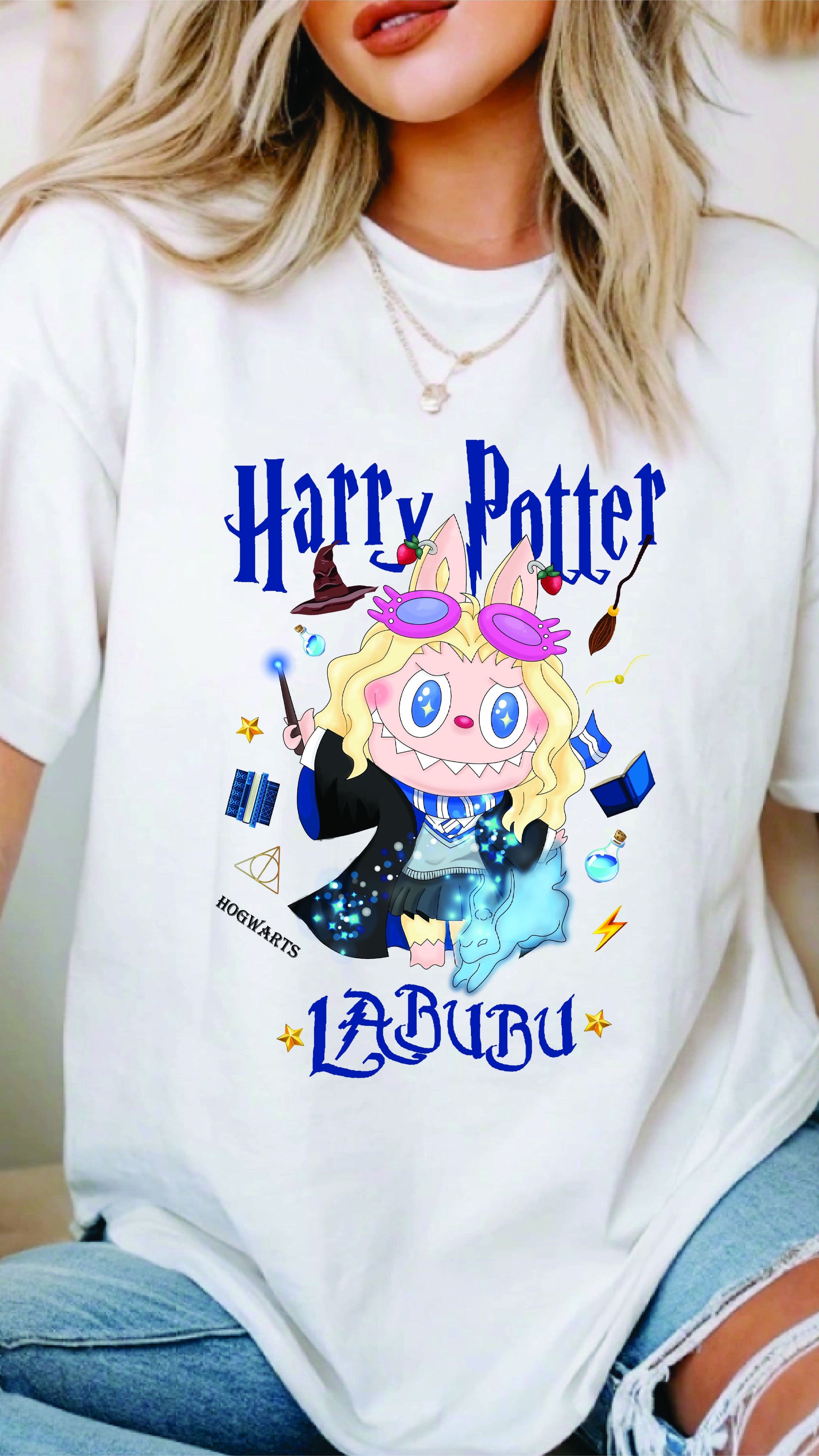 [Adult size] Harry Potter Labubu T-Shirt – Kawaii Wizard Graphic Tee, 100% Cotton