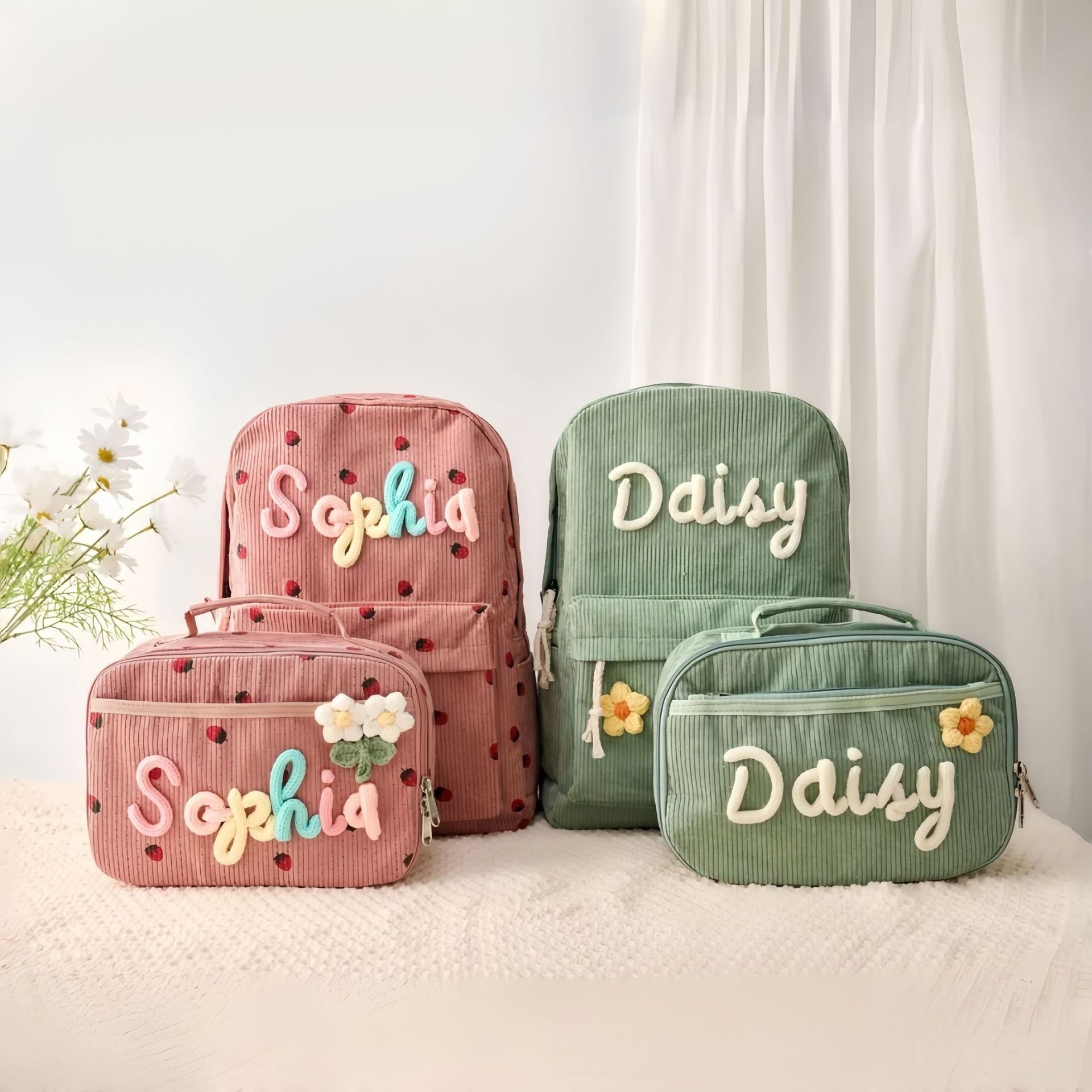 Kids Corduroy Backpack & Lunch Bag Set – Handmade Chunky Yarn, 7 Colour Combos